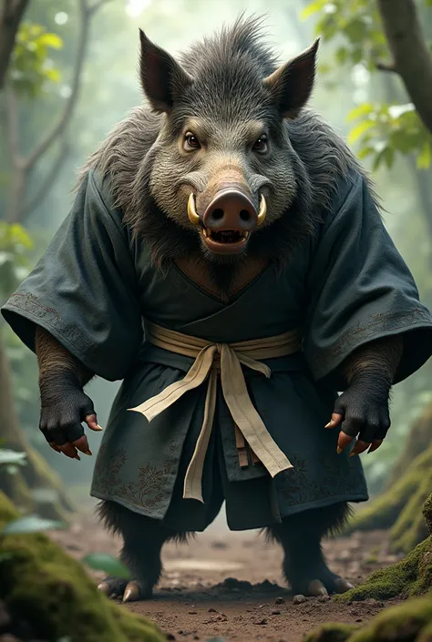 Create an image of a muscular and angry boar wearing a kimono and white jiu-jitsu belt 