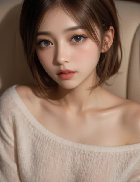 Intimate portrait of the girl in the image input reclining on a couch, wearing a soft sweater that falls off her shoulder, revealing a hint of her collarbone and shoulder. The lighting gently emphasizes her skin, and the close-up shot draws attention to he...