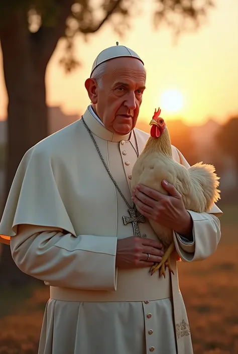 
Side view, Roma Pope of Francis, standing pose,  Society of Jesus  87-age,  smile ,(White hair, serious,  metal cross), tiara, Catholics Pope wear,  holding a chicken, chicken cry 3 time, before dawn, front fig tree , in Jerusalem, AM:6.00, (photographic,...