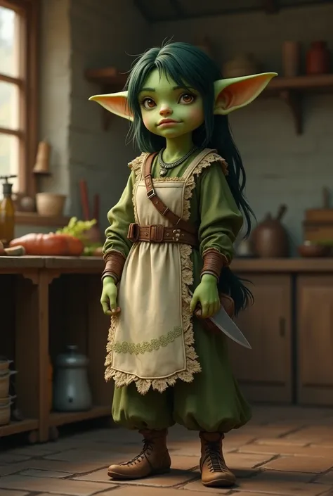 Full body of a medieval fantasy RPG character: (full body:1.5), (woman:1.5), (goblin:1.5), pointy ears, wide ears, medium ears, short stature, green skin, cute, sulky face, upset, slight mischievous smile, dark green hair, medieval clothes, kitchen apron, ...