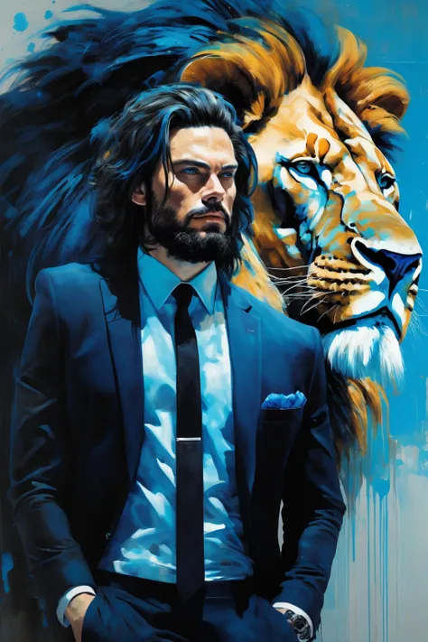 Sam Spratt Style – The man is beautiful and the lion is super realistic. He wears a black suit and a blue tie, and the lion leans sideways behind the character