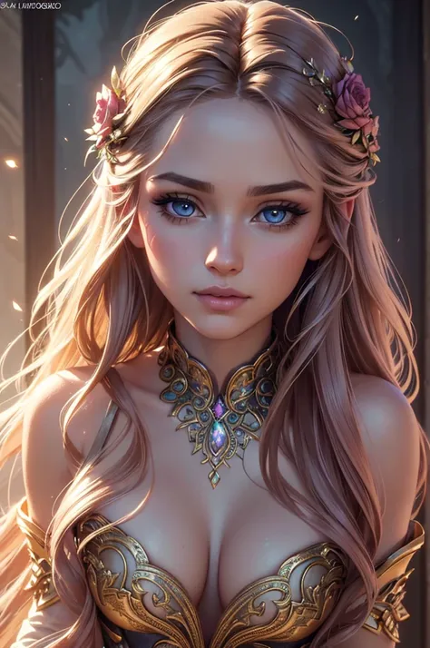 undying glory, 1 girl, beautiful detailed eyes, beautiful detailed lips, extremely detailed face, longeyelashes, ethereal intricate ornate fantasy dress, elegant flowing hair, sunlit fantasy landscape, glowing warm lighting, cinematic dramatic lighting, mu...