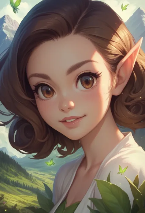 earth elemental fairy, Anime style, Perfect, detailed, expressive,  Closeup, expressive, cute, earth elemental, mountain, brown hair,  brown eyes,