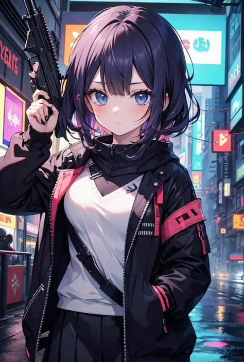  Anime girl has u. gun in hand ,Do it in Cyberpunk  + futurist + Digital.