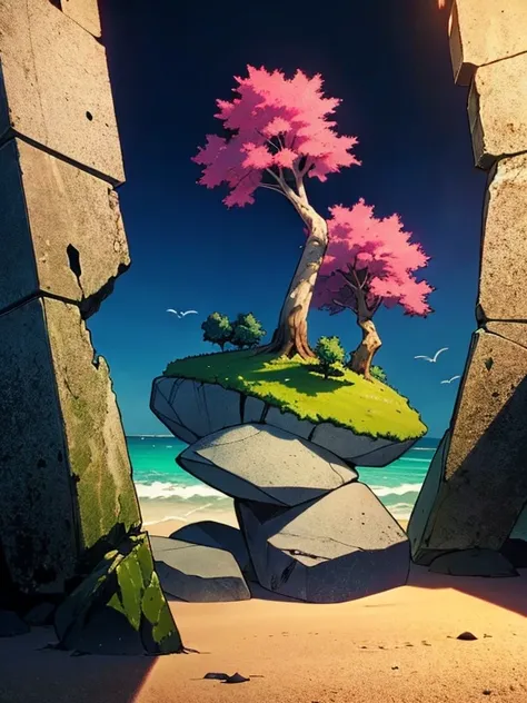  amazing pink tree on a beach rock, Realistic light depiction style , aisle,   Art Inspired by Faith , ruins, A scene full of light, Immersive Environments, Floral and natural motifs --ar 14:25  