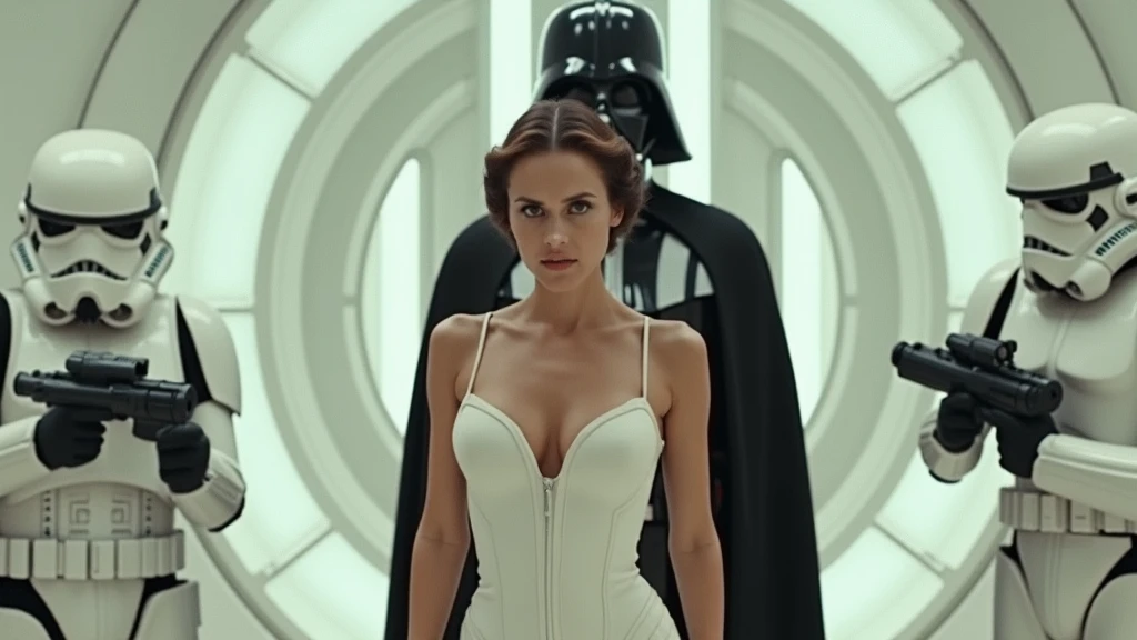 Screengrab of 1950s Super Panavision 70 movie. Retro in color. a very beautiful Princess Leia is wearing a tight white suit, showing cleavage on a ship surrounded by stormtroopers and Darth Vader behind her on a spaceship, looking concerned. 