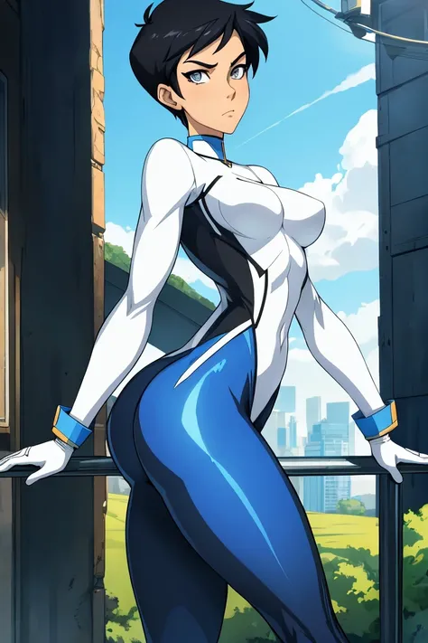 Lois Lane, beautiful face, short black hair, tomboyish hairstyle, slim body, small breasts, perfect ass, slim waist, wide hips, toned thighs, buttcheeks, blue body tights, white gloves, catsuit, grey eyes, pale skin, anime art style, perfectly female anato...