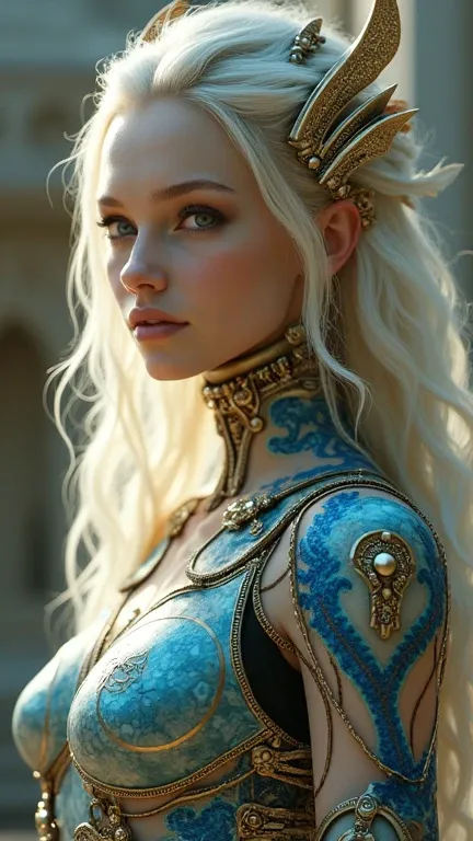 panorama, full body, best quality, masterpiece, super high resolution, (realism:1.4), absurdity, cinema lights, (best vista photos of mechanical girls), ((glow)), (blue dragon pattern on clothes), blonde, long hair, blue eyes, smile, delicate headdress, ex...