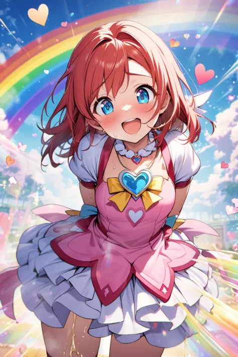 Redhead, blue eyes, medium hair, necklace, magical girl, rainbow, hearts, happy,arms behind back,peeing