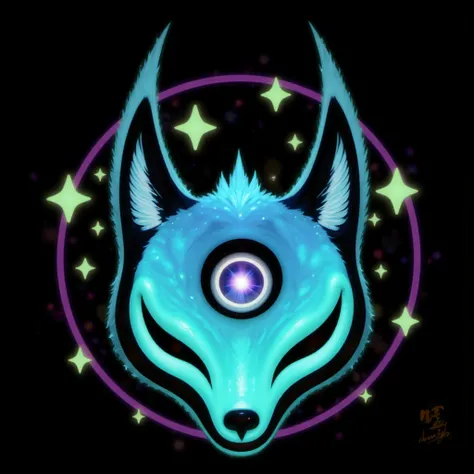 Traditional kitsune mask, neon colors, logo