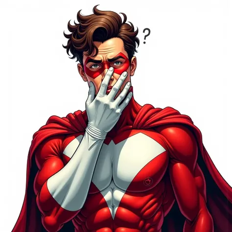  of a man in maski superhero with a puzzled face - "covered his face with his palm"  - in a red and white suit - on a white background 