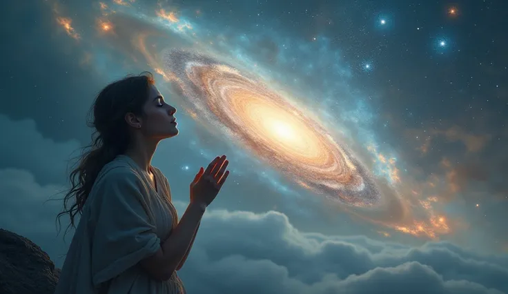 image of a person praying to God ,  your eyes closed in devotion, In the background a universe 