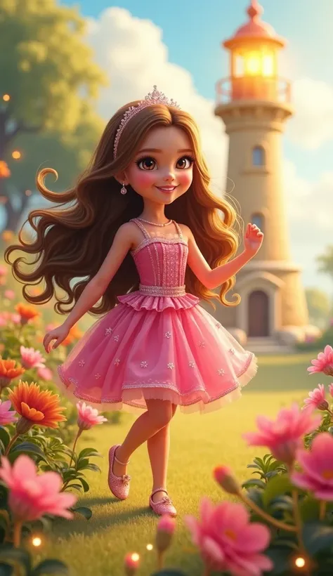 A beautiful  girl named Julia, with long brown hair shining in the sun, stands in the center of a magical garden. She wears a pink dress with ruffles and sparkly details, as well as sparkly princess shoes. Its large, radiant eyes reflect the sunlight. Juli...