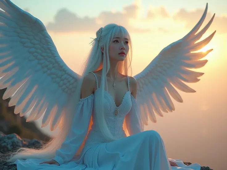 Beautiful Korean queen with white hair and light blue wings sitting in a high cliff, huge wings, warm color at twilight looking at the sky sadly, sunlight
Masterpiece, Anatomically Correct, High Details, Super Detailed, Textured Skin, Bangs, Very Long Hair...