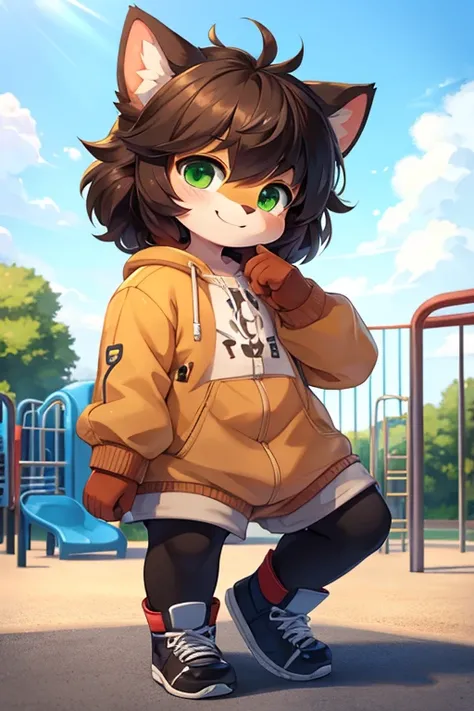 Little furry boy, cute face, thick hair, detailed body, normal clothes, green eyes, smile, art, modern, playground background, best quality, high resolution. 