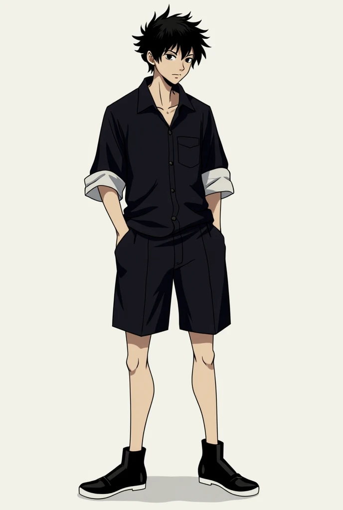 akira tanaka, appearance, appearance: hair: , negro,  slightly messy ,  with waves at the ends that fall over his forehead . eyes: blacks, deep and enigmatic . Clothes:  Black shirt a little long with a little white on the sleeves , y un Short Negro y  que...