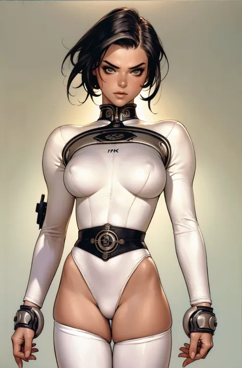 (((Brigitte Nielsen))), ((( sailor suit ))), ((high collar)), (((best qualityer: 1.4))), (Unbeatable masterpiece), (hiper HD),(CG 8k hyper-realistic), (((brave face))), (((breasts big))), (((hyper feminine))), sexly girl, Tron,（black bob hair)), ((( sculpt...