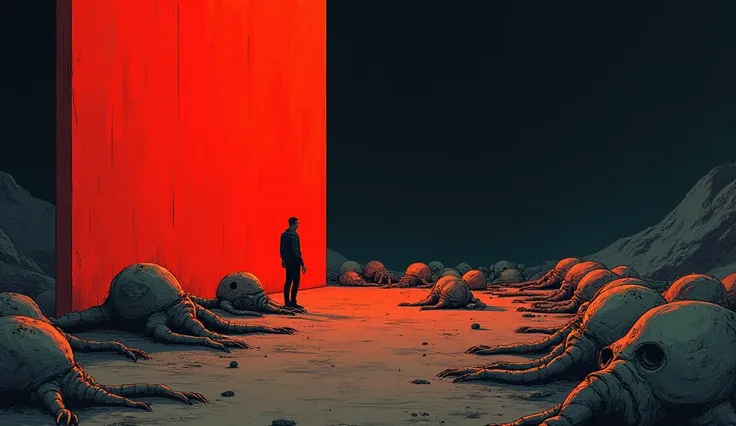 illustration depicting the concept of El gran filtro. In a dark, deep space environment, strange, abstract and different alien lifeforms are strewn across a corridor, appearing to be either dead or dying. They approach a tall, solid, flat red wall. near th...