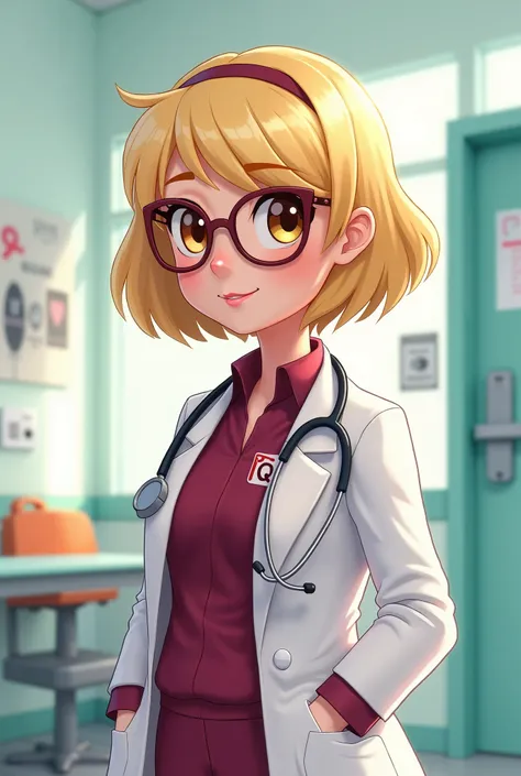  A cartoon obstetrician with a uniform wine shell and a white coat...  Q has blonde hair and wears brown lenses , Her hair is short,  a little lower than her elbows , y has almost wavy hair  