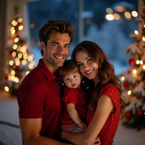  image shows two people embracing each other in a snowy environment . A tall man, short wavy straight brown hair ,  brown-eyed ,  tanned skin . Wearing red polo shirt . a woman,  white skin ,  Blue Eyes,  long silky smooth hair with light brown curls .  We...