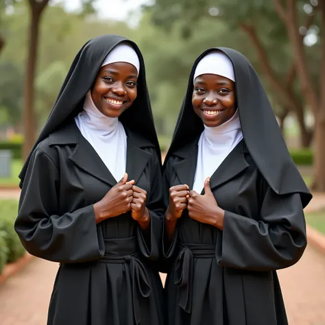 Plan rapproché. Deux jeunes religieuses africaines ouvrent  leur habit monastique et montrent leur buste sans atours avec la poitrine généreuse. Les mains ne cachent pas les aréoles. En arrière-plan, un jardin avec des arbres.