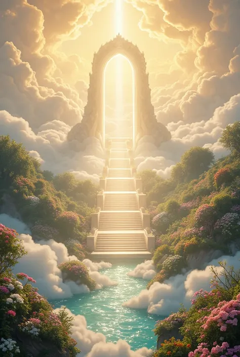 A breathtaking depiction of paradise, featuring a radiant, heavenly landscape bathed in golden and white light. Soft, fluffy clouds stretch endlessly, with vibrant gardens filled with blooming, otherworldly flowers and shimmering streams of crystal-clear w...