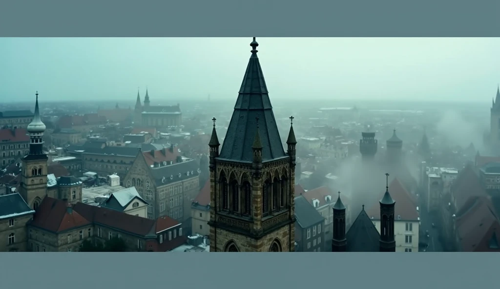 "An ultra-realistic 4K depiction of a historical European cityscape in a 16:9 aspect ratio. The foreground features a tall, Gothic-style church tower with intricate architectural details, including pointed spires and arched windows, made of weathered stone...