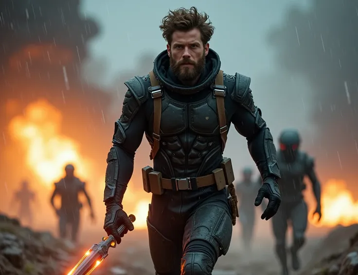 Muscular 6 foot 2 inches human white man with short messy curly brown hair and beard,  dirt on skin, piercing pale grey eyes handsome, wearing damaged and dirt covered futuristic black sci fi superhero suit, brown gun holster with lights on, full body,  ru...