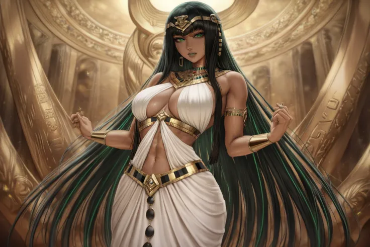 Illustrioussciamano, masterpiece, best quality, high quality, absurdres BREAK 1girl, solo, beautiful Egyptian goddess, elegant pose, chocolate skin, dark skin, tanned skin, long black hair, hair on the sides, bright green eyes, charming and neutral express...