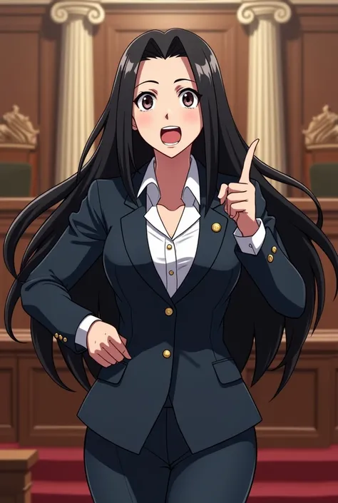 Filipino woman with long black hair doing an Objection! Ace Attorney style