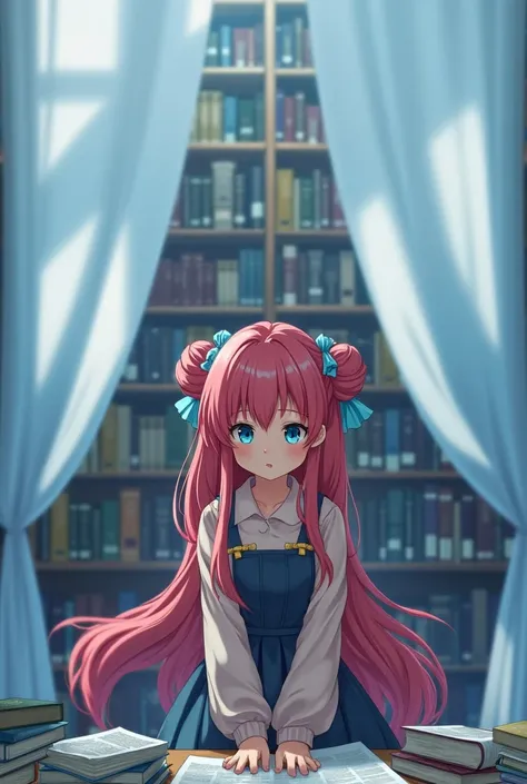 、 Girl with pink hair 、 blue eyes、 twin drill, Studying in the library