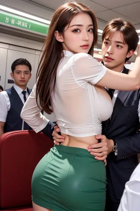 (( white shirt))、 ((dark green skirt ))、 ((office lady uniform ))、 J-cup large breasts、Beautifully shaped breasts、slender、 Outstanding Style 、Tight tops、Open chest、Emphasizes the fullness of the chest、Cleavage、Beautifully shaped breasts 、Open chest、Breast ...