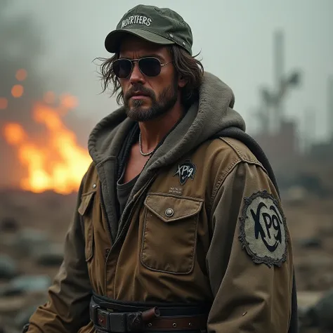 Rocker with sunglasses and harbour cap wearing a robe with XP9 lettering on the robe. post-apocalyptic .  fire in the background  