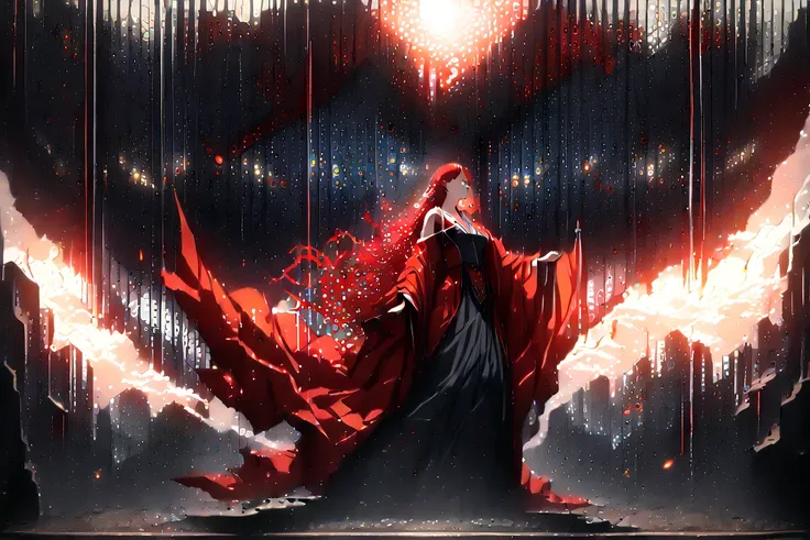 score_6_up, score_5_up, score_4_up,  Woman Manipulating the Fire Element,  Very Long, Rough Red Hair , VERY BEAUTIFUL BODY , Exquisite body , Seductive Robe ,  Multiple Small Machine Clusters Flying Around Women, (anime:1.3), (3dcg:1.5), ( Details:1.5), ( ...