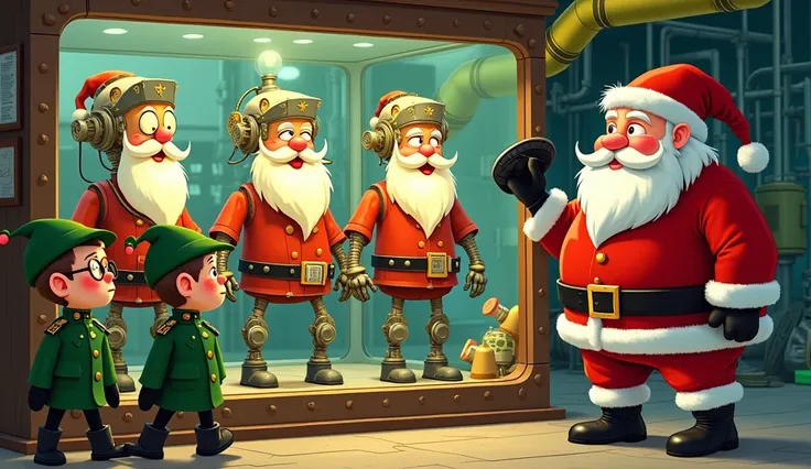 A whimsical steampunk illustration depicts a festive scene with various characters and intricate machinery. In the foreground, three Yuletide elves dressed in green military-style uniforms with caps, badges, and pointed ears observe the main event. The elf...