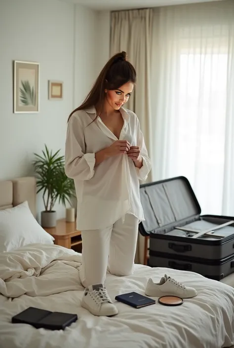 in his bright room, with open suitcases on the modern bed. model wears. (......). She is folding a blouse while next to it there are organized objects such as a passport, a makeup case and a pair of white sneakers. Pictures decorate the wall, bringing a pe...