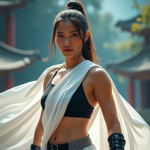 A beautiful buff Asian female martial artist wearing a white Greco-Roman toga that covers hwr chest with a cyberpunk vaporwave aesthetic. She wears a toga like outfit. She has massive muscles. She wears a battle skirt and wears a white cape. High quality, ...