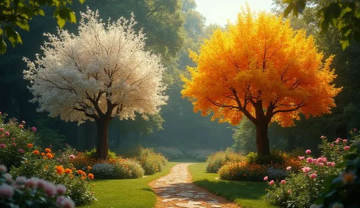 a garden where in the middle of the garden there are two fruit trees, one silver and one golden, the fruits shine in the color related to each tree.  shine in a very attractive and irresistible way, do it in high definition