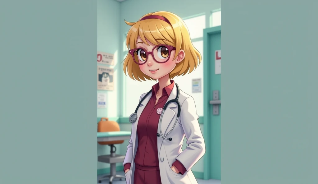  A cartoon obstetrician with a uniform wine shell and a white coat...  Q has blonde brown hair , her hair is long wavy , that is to say,  a little lower than her shoulders ,  she wears lenses with a clear frame .  When she smiles, dimples form on her cheek...