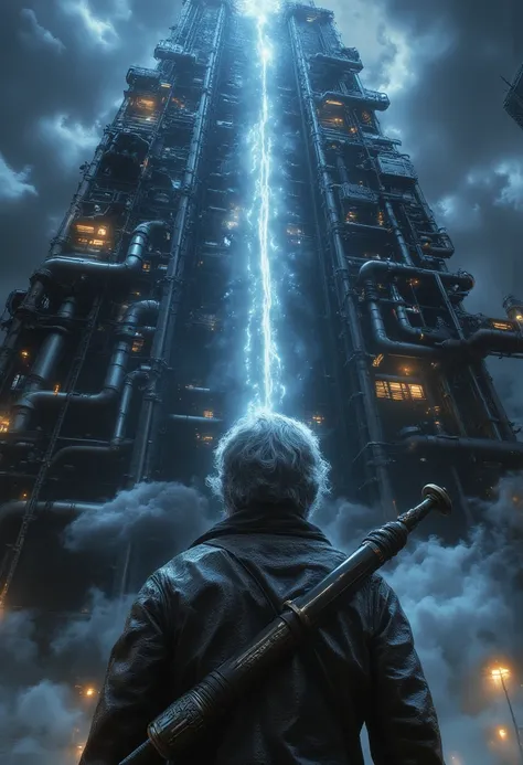 3D render of a man with a huge thick sword on his back, looking up at a tall black building at night. The man is very close to the camera. The building is emitting ominous spotlight from below, with huge pipes and structures letting out steam. The structur...