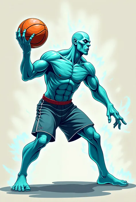 Muscular ghost and basketball player type cartoon ,  in profile the left hand up with a ball and the other down near the thigh  