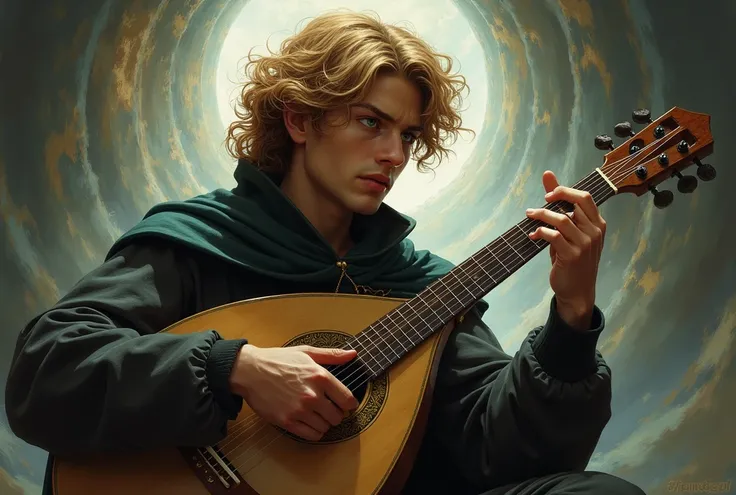  create the best image you can of Kvothe main character in the name of the wind make him handsome, He is playing the laud . It is supported by El Cthaeh