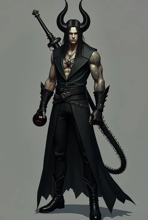  I want an alien type inspired by V from Devil May Cri .  With black clothes like that ,  but with black horns ,  tattoos on his arm and hes very strong , defined, With a sword on his shoulder ,  and with the other hand as if I were holding a sphere and a ...