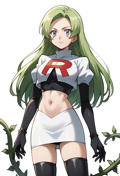 score_9,score_8_up,score_7_up,score_6_up, source_anime, zPDXL3, woman, long hair, green hair, blue eyes, facial markings, vines, team rocket,team rocket uniform,white skirt,red letter R,crop top,black thigh-highs,black elbow gloves, cowboy shot,