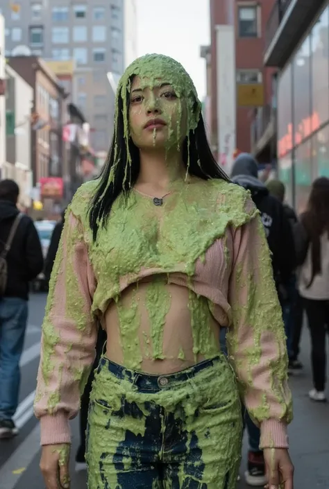 DSLR photograph. Beautiful Chinese woman covered in green water. Photorealistic. Wet liquid. Nasty slime. Raw photo. Wearing pink push-up sweater. New York City streets. Daytime. Green Slime. Dripping green goo. 21 years old. (Chinese: 1.5). Straight Black...