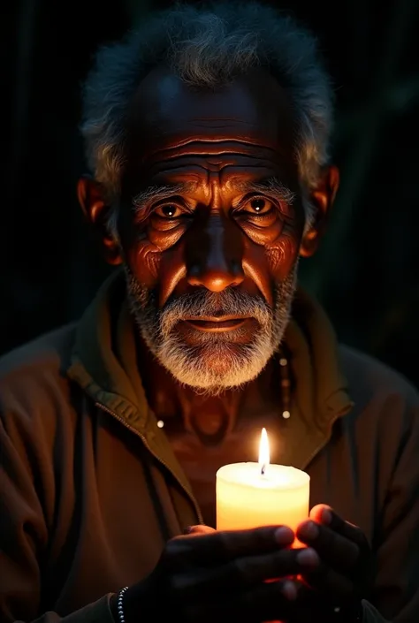 Gros plan sur le portrait dun homme africain âgée tennant une lumière dans lobscurité 