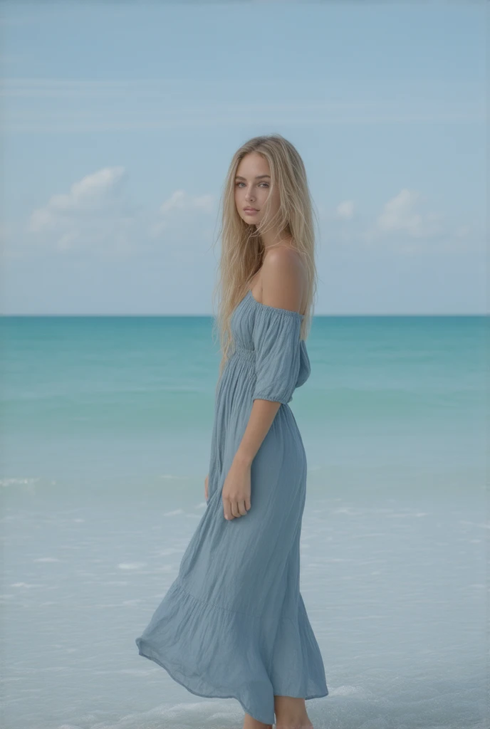  A tall girl with long light blond hair,  grey eyes , stands on the beach near the sea , in a long blue dress