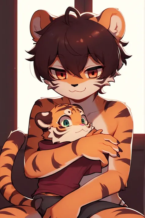 Shimajiro, the striped tiger, Shimajiro and his mother , artistic , (heart is beating fast:0.5), Twisted Maternal love , I want to hug you , (creepy:0.5) , Dimly lit room , euphoria , ooze , underwear