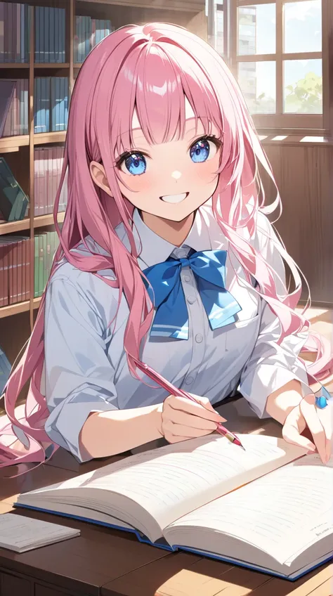  One Girl 、A happy smile、、、 Girl with pink hair 、 blue eyes、 twin drill, Studying in the library