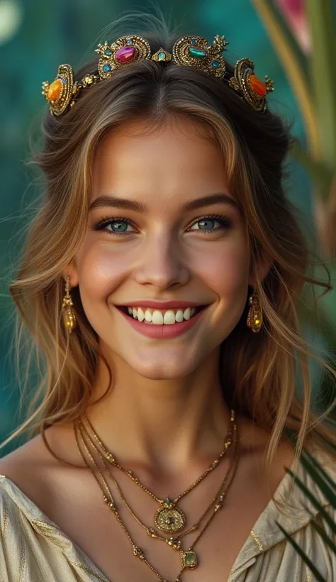 a girl smiling, in the style of reefwave, metalwork jewelry, goa-insprired motifs, eco-friendly craftsmanship, smooth and shiny, exotic, softly organic